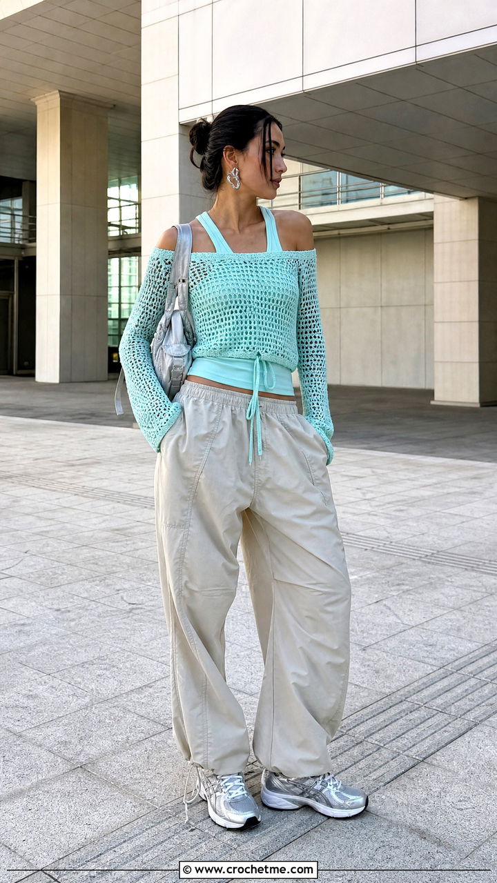 Drawstring Crochet Off Shoulder Top With Parachute Pants - 35 Crochet Off Shoulder Top outfit ideas
