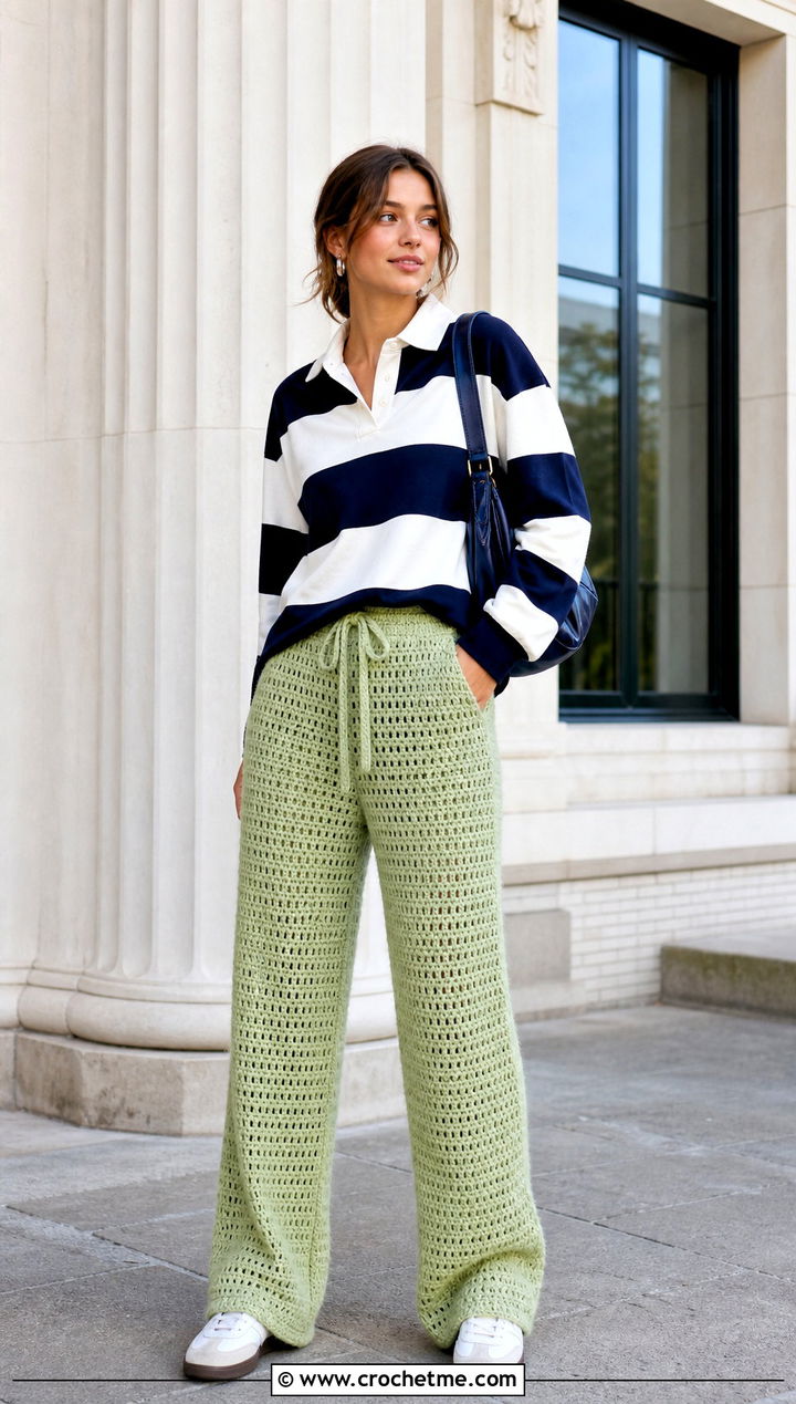 Drawstring Crochet Pants With Rugby Shirt - 25 women crocheted pants outfit ideas