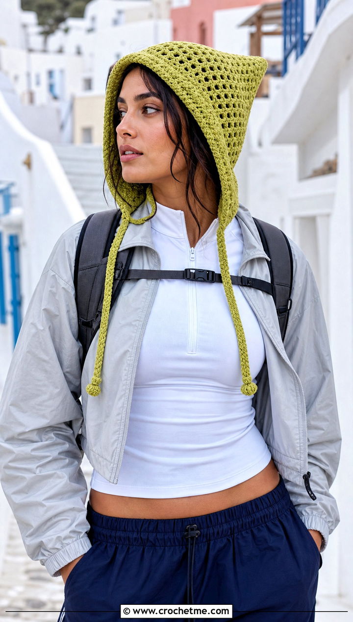 Drawstring Crochet Pixie Hood With Track Pants - 30 crochet pixie hat outfit ideas