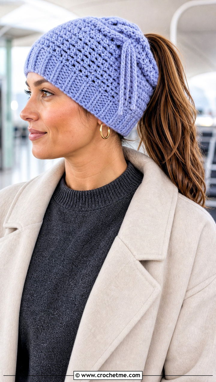 Drawstring Crochet Ponytail Beanie With Airport Outfit - 30 crochet hat with ponytail hole outfit ideas