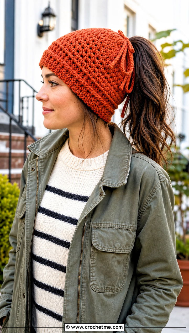Drawstring Crochet Ponytail Beanie With Utility Jacket And Barrel Jeans - 20 Crochet Beanie With Ponytail Hole Hat outfit ideas