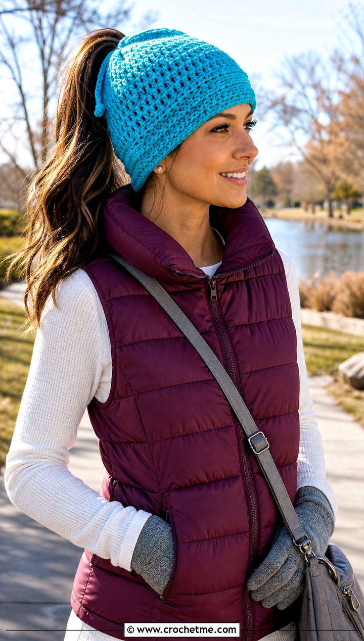 Drawstring Crochet Ponytail Hat With Puffer Vest - 20 easy crochet ponytail hat outfit ideas