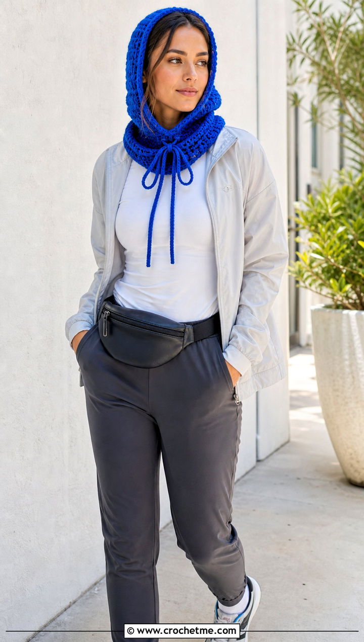 Drawstring Crochet Scarf Hood With Track Pants - 30 crochet scarf hood outfit ideas