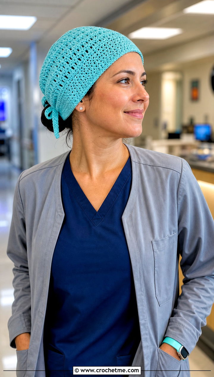 Drawstring Crochet Scrub Cap With Night Shift Layers - 20 Crochet Scrub Cap outfit ideas