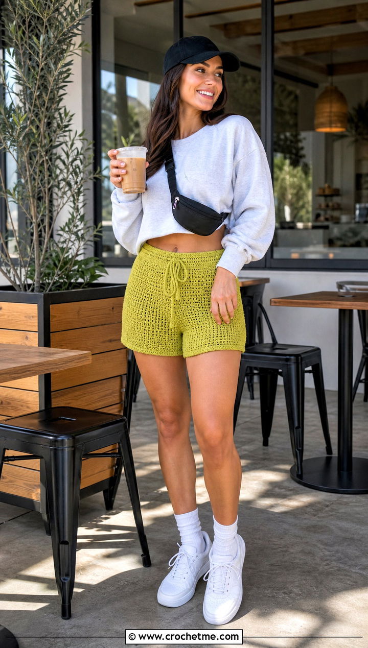 Drawstring Crochet Shorts With Cropped Sweatshirt - 35 diy crochet shorts outfit ideas