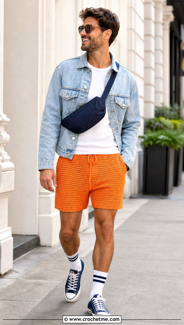 Drawstring Crochet Shorts With Denim Jacket - 15 crochet shorts men outfit ideas