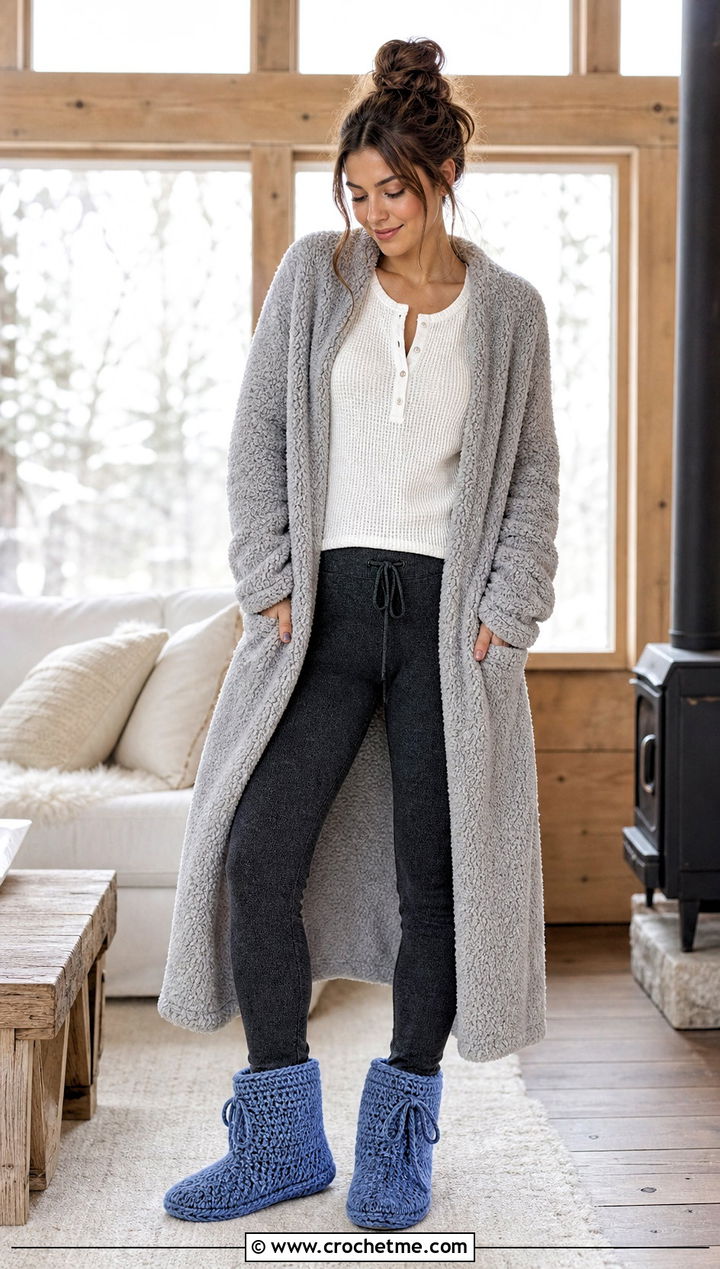 Drawstring Crochet Slipper Boots With Thermal Base Layers - 25 crochet sock slippers outfit ideas