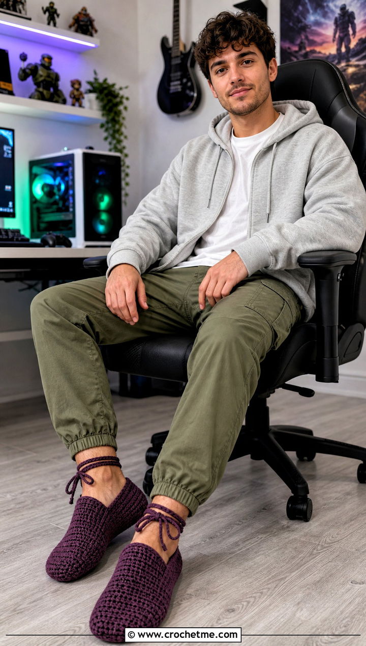 Drawstring Crochet Slippers With Cargo Joggers And Hoodie - 30 easy mens crochet slippers outfit ideas