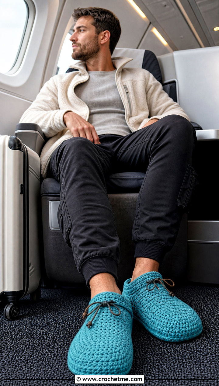 Drawstring Crochet Slippers With Cargo Joggers - 25 crochet winter slippers outfit ideas