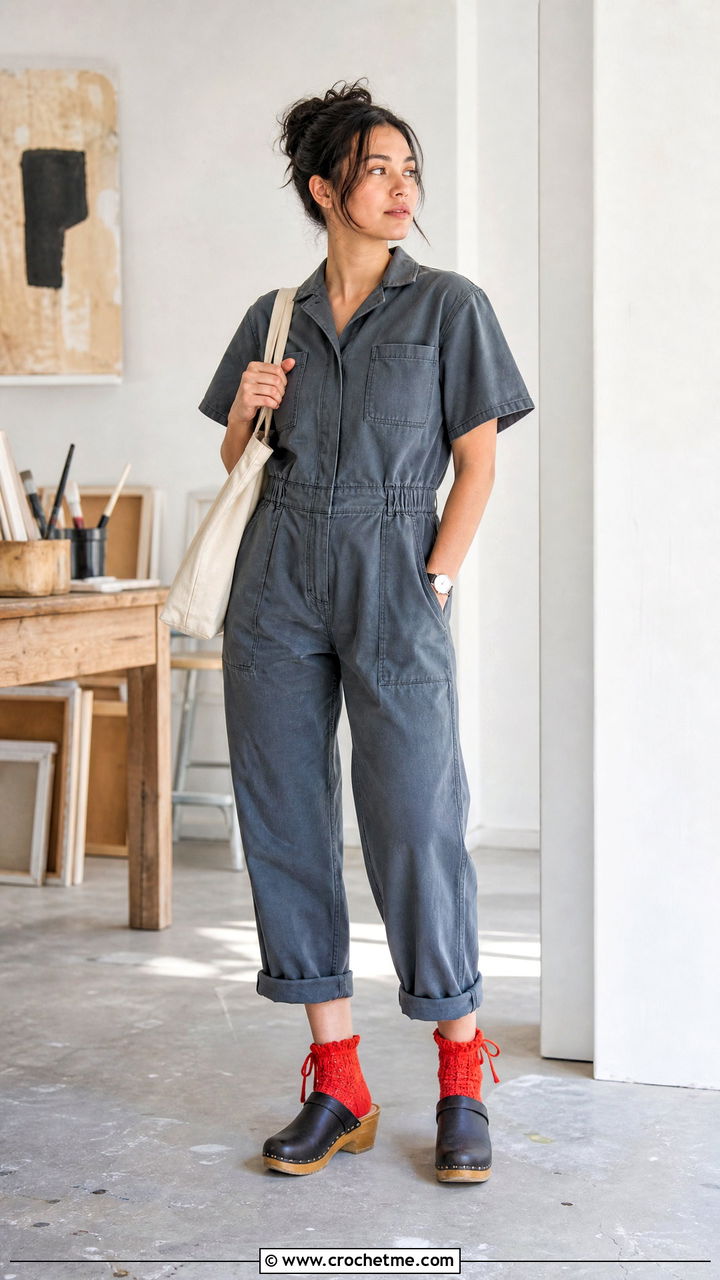 Drawstring Crochet Socks With A Utility Jumpsuit - 35 crochet socks for beginners outfit ideas