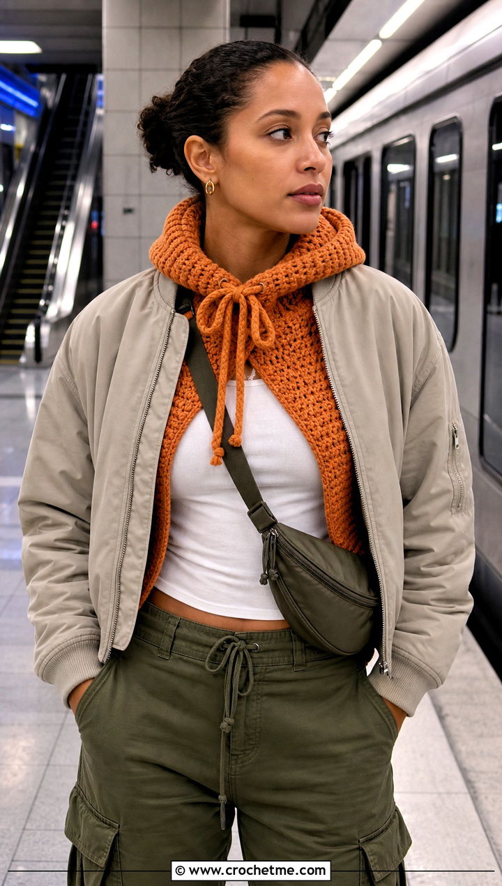 Drawstring Crochet Turtle Neck Hoodie With Cargo Pants - 30 crochet turtle neck hoodie outfit ideas
