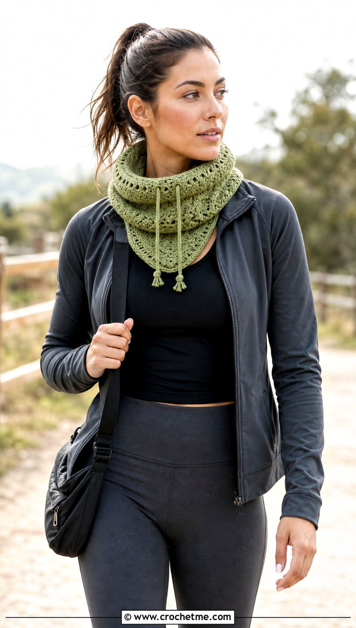 Drawstring Crochet Turtleneck Cowl With Athleisure Set - 25 Crochet Turtleneck Cowl outfit ideas