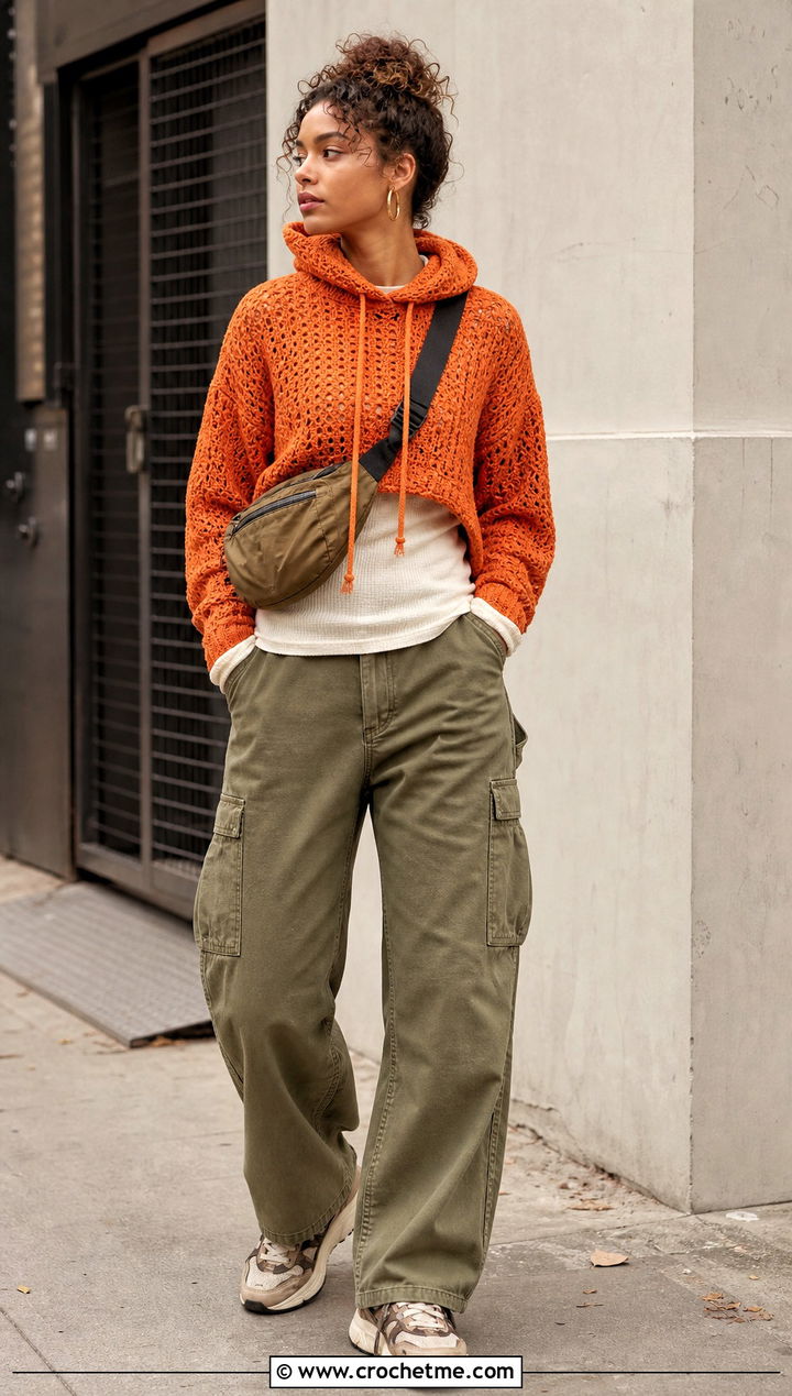 Drawstring Crochet Turtleneck Hoodie With Cargo Pants - 35 crochet turtleneck hoodie outfit ideas