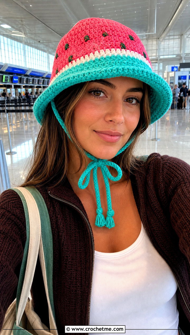 Drawstring Crochet Watermelon Bucket Hat With Airport Lounge Set - 30 crochet watermelon bucket hat outfit ideas