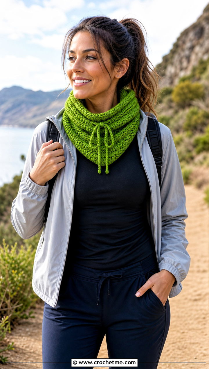 Drawstring Crocheted Cowl With Windbreaker And Joggers - 25 Crocheted Cowl outfit ideas