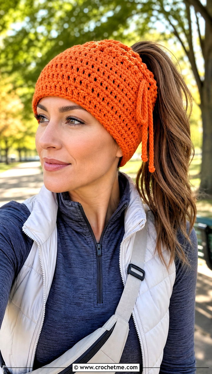 Drawstring Double Crochet Ponytail Hat With Athleisure - 30 double crochet hat outfit ideas