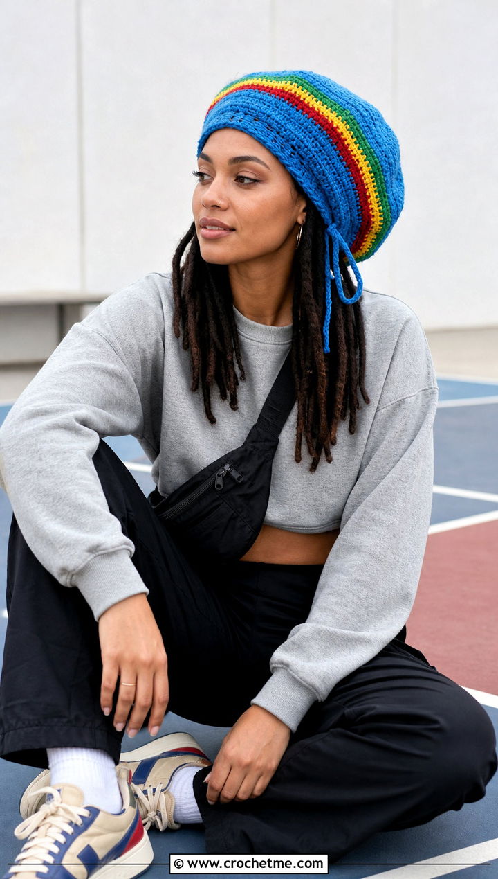 Drawstring Dreadlock Tam With Track Pants - 25 crochet rasta beanie outfit ideas