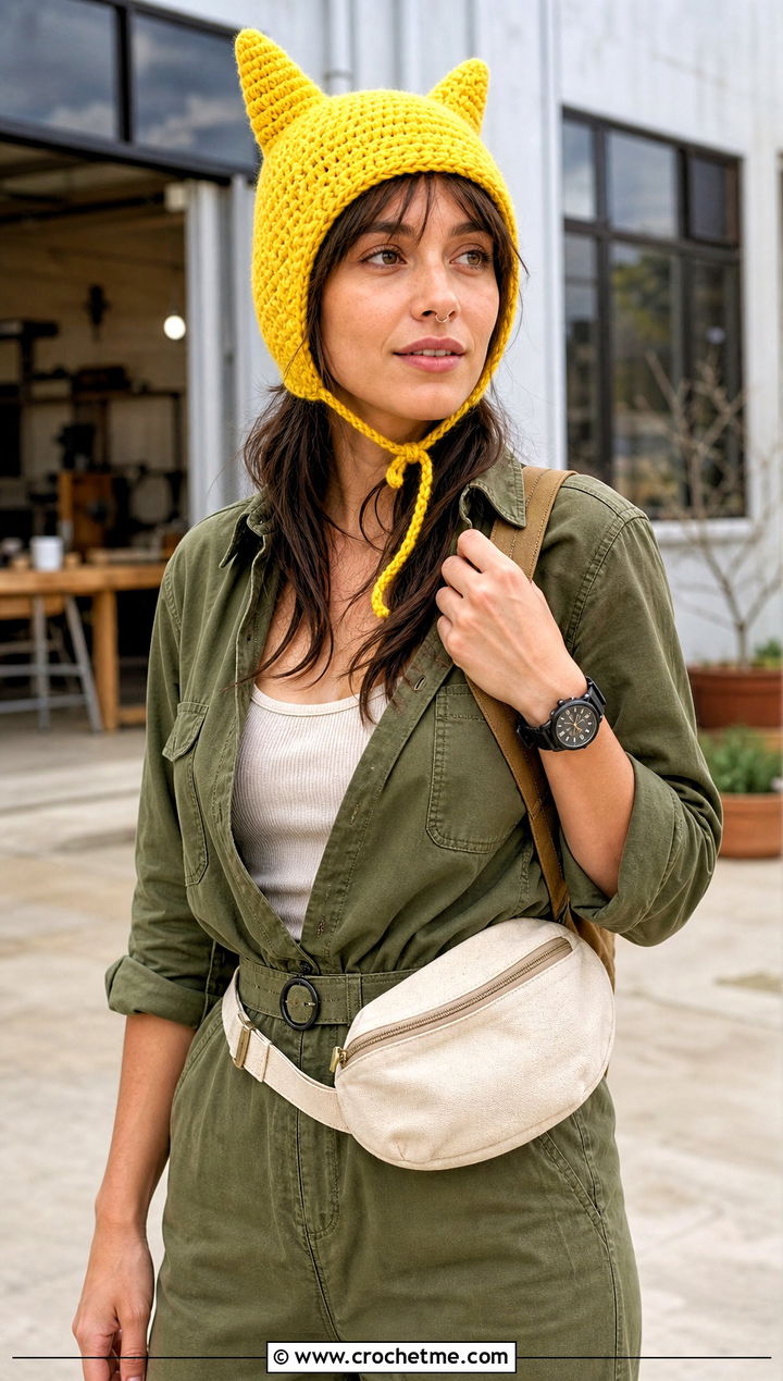 Drawstring Finn Hat With Utility Jumpsuit And Work Boots - 30 crochet adventure time finn hat outfit ideas