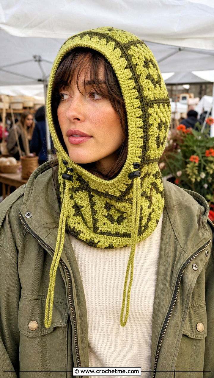 Drawstring Granny Square Balaclava With Utility Jacket - 30 crochet granny square balaclava outfit ideas