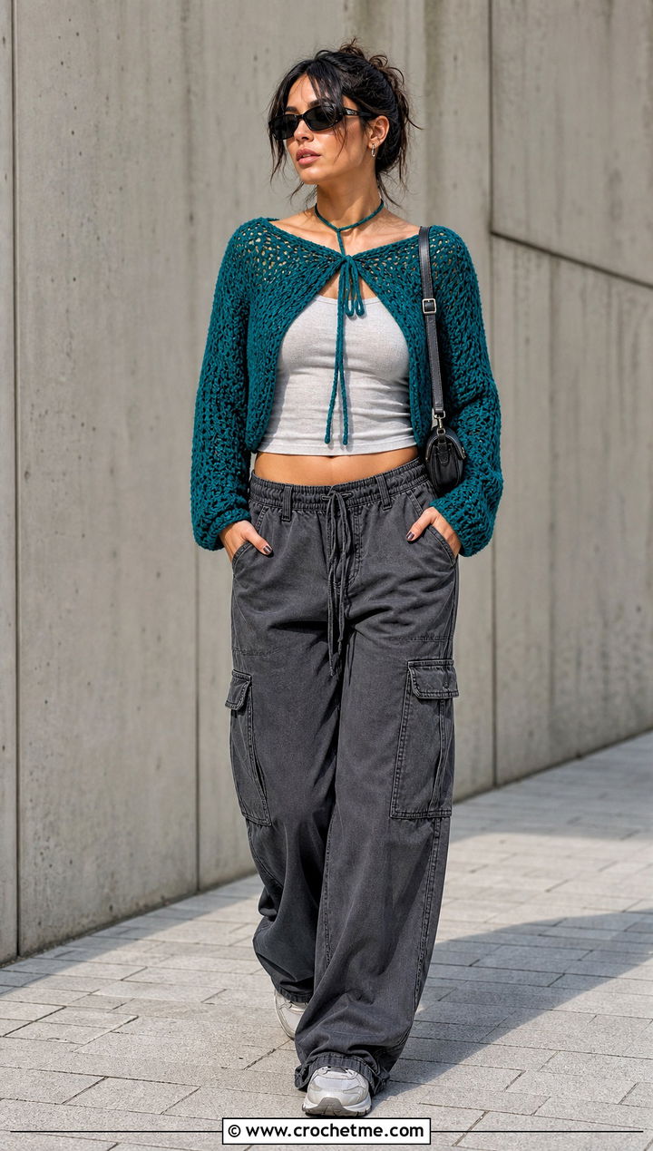 Drawstring Halter Virgin Killer Crochet Sweater With Cargo Pants - 15 virgin killer crochet sweater outfit ideas