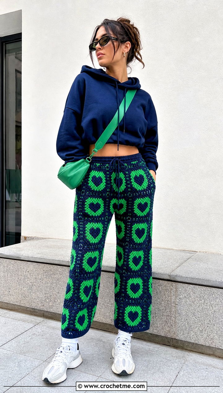 Drawstring Heart Granny Square Pants With Cropped Hoodie - 30 heart granny square pants outfit ideas