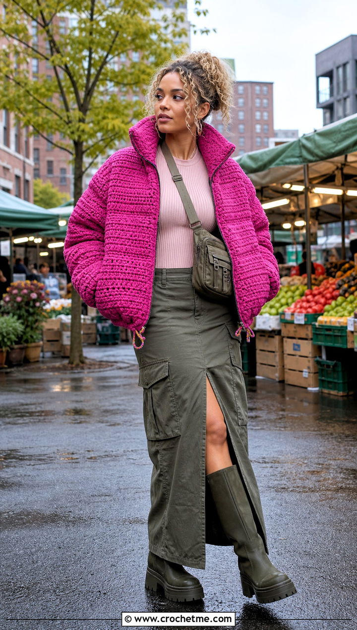 Drawstring Hem Crochet Puffer Jacket With Cargo Maxi Skirt - 35 crochet puffer jacket outfit ideas