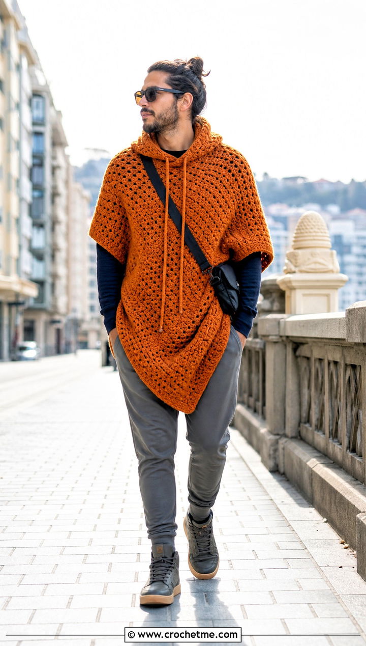 Drawstring Hood Crochet Poncho With Joggers - 30 men crochet poncho outfit ideas