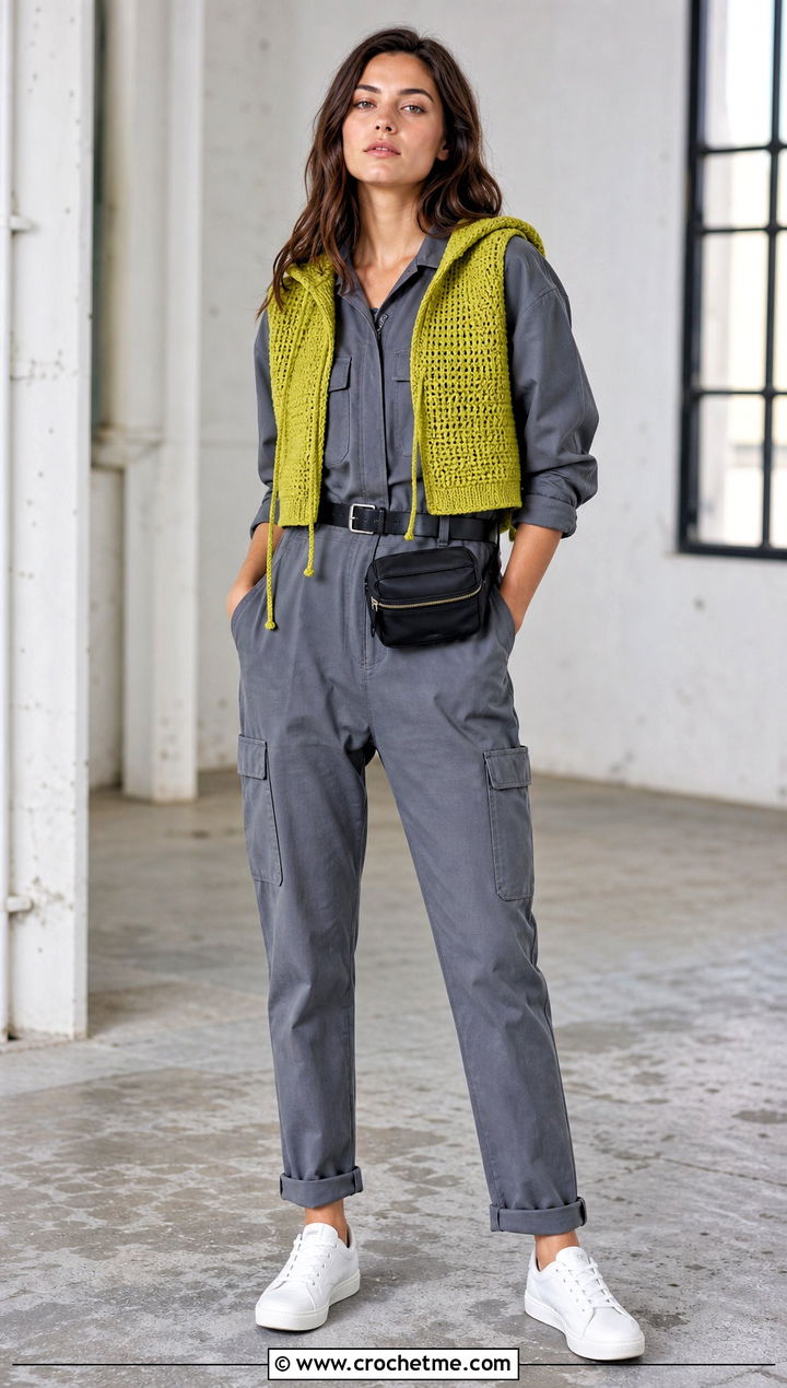 Drawstring Hood Crochet Vest And Utility Jumpsuit - 30 crochet vest with hood outfit ideas