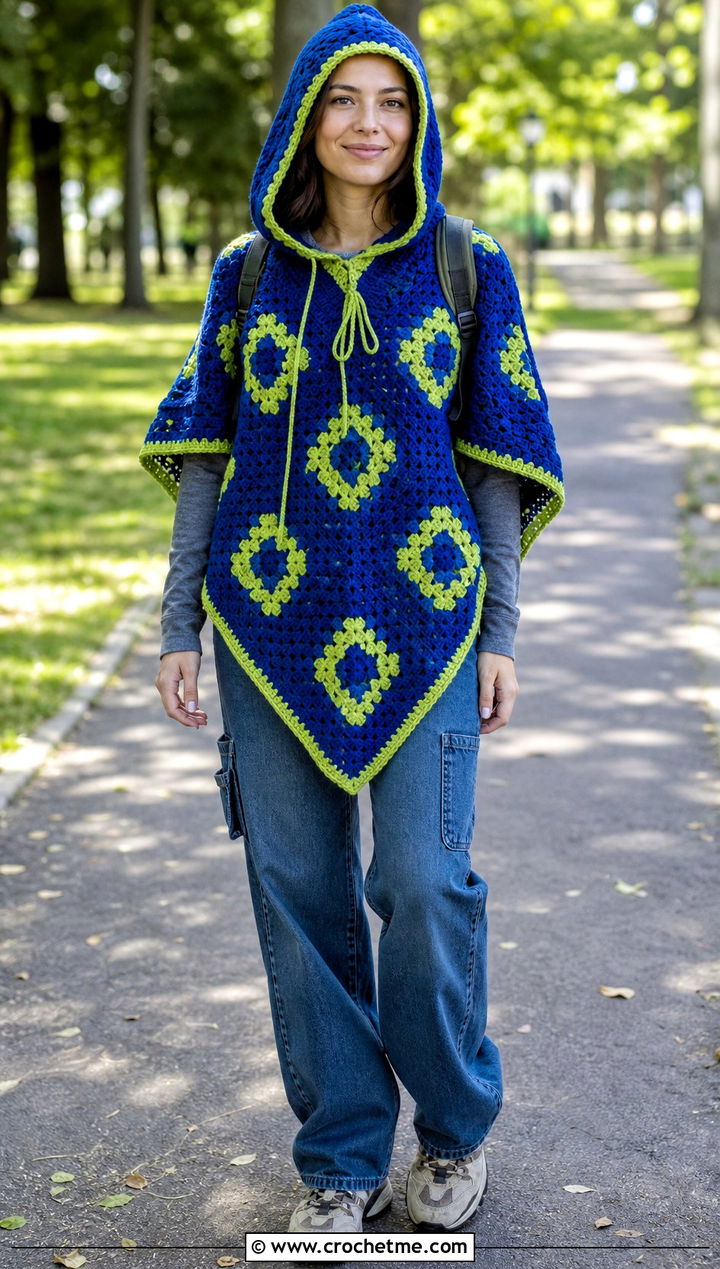 Drawstring Hood Granny Square Poncho With Carpenter Jeans - 35 granny square poncho outfit ideas
