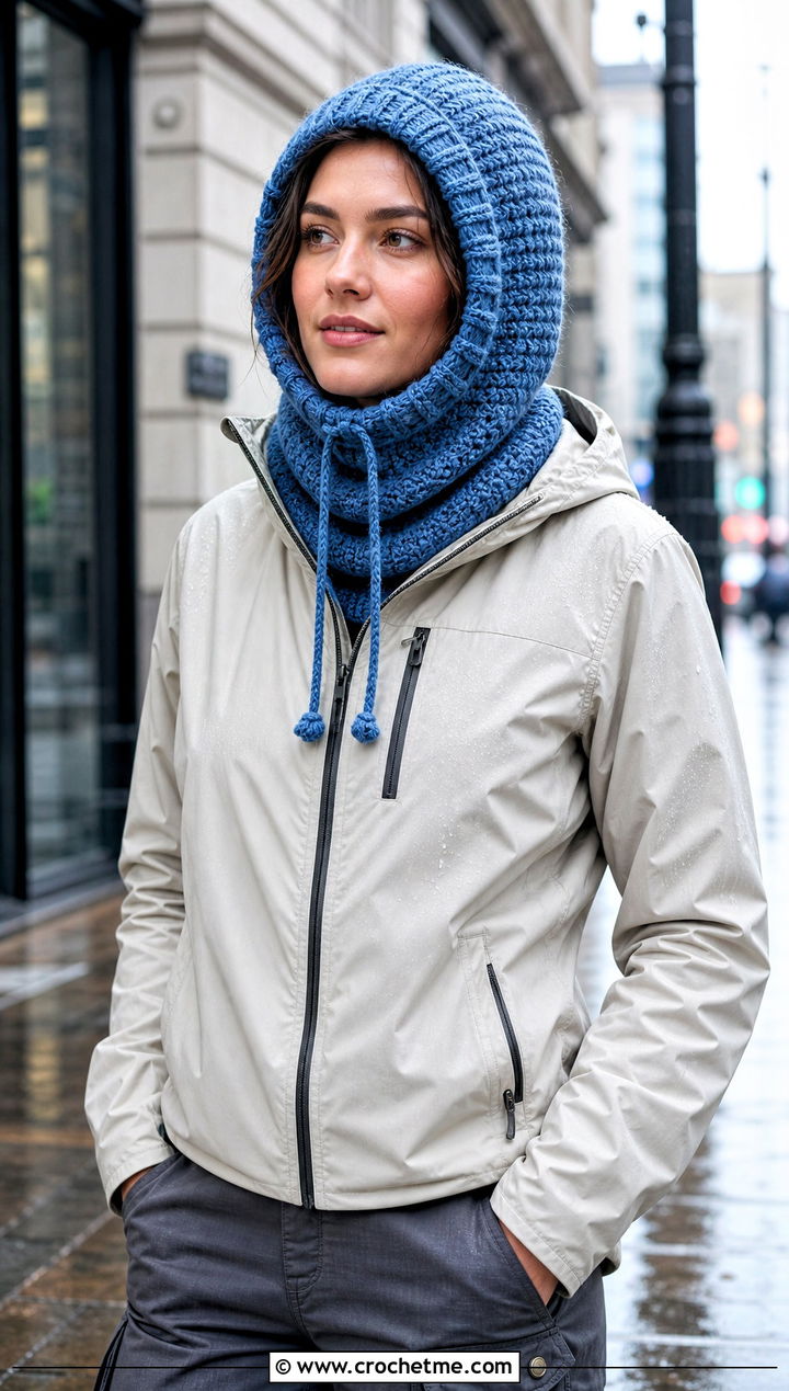 Drawstring Hooded Crochet Cowl Snood With Rain Jacket - 25 hooded crochet cowl snood outfit ideas
