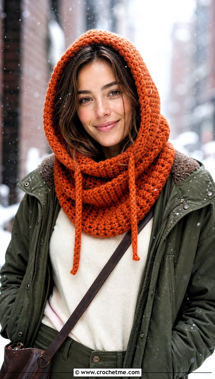 Drawstring Hooded Crochet Snood Cowl With Parka - 20 crochet snood cowl outfit ideas