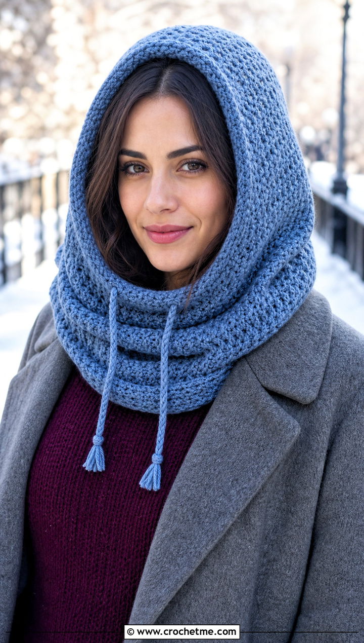 Drawstring Hooded Crochet Snood Scarf With a Sweater Dress - 25 crochet snood scarf outfit ideas