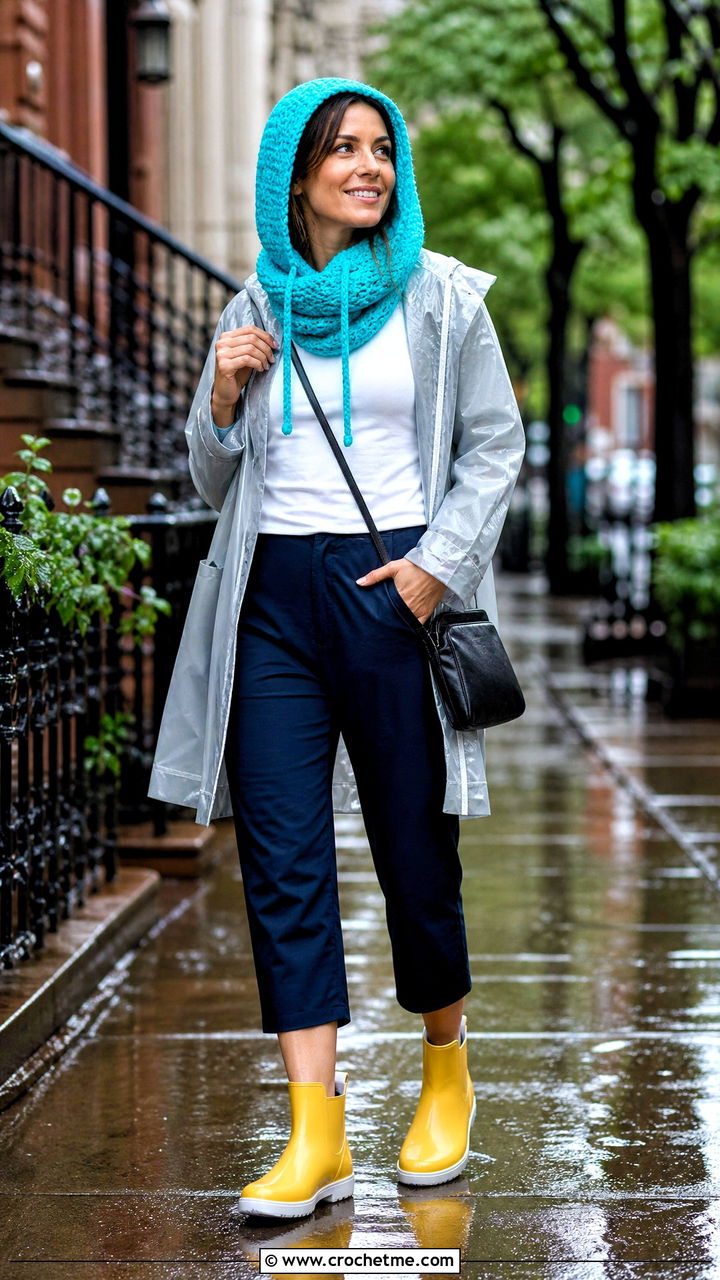 Drawstring Hooded Scarf With Raincoat And Boots - 35 crochet hooded scarf outfit ideas