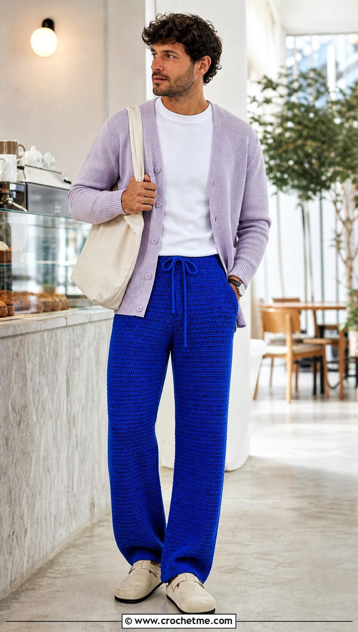 Drawstring Lounge Crochet Pants With Cardigan - 35 crochet pants men outfit ideas