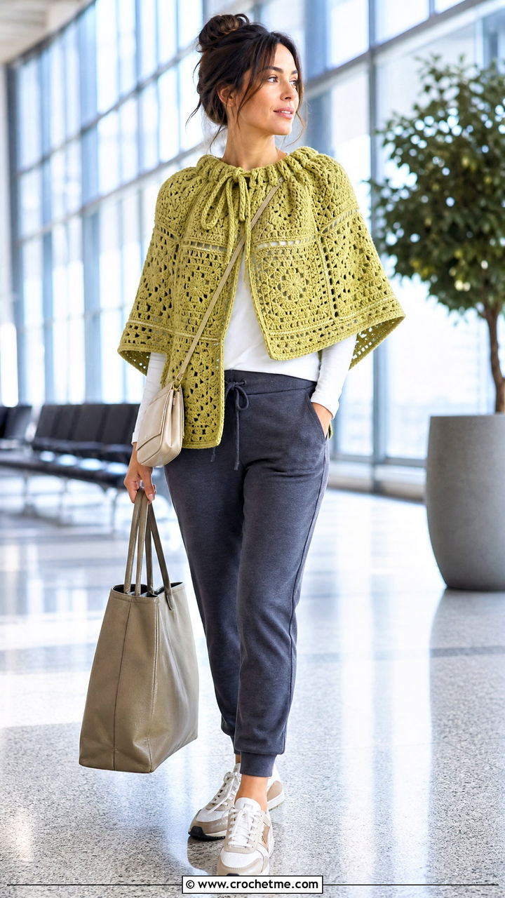 Drawstring Neck Granny Square Poncho With Joggers - 35 crochet granny square poncho outfit ideas