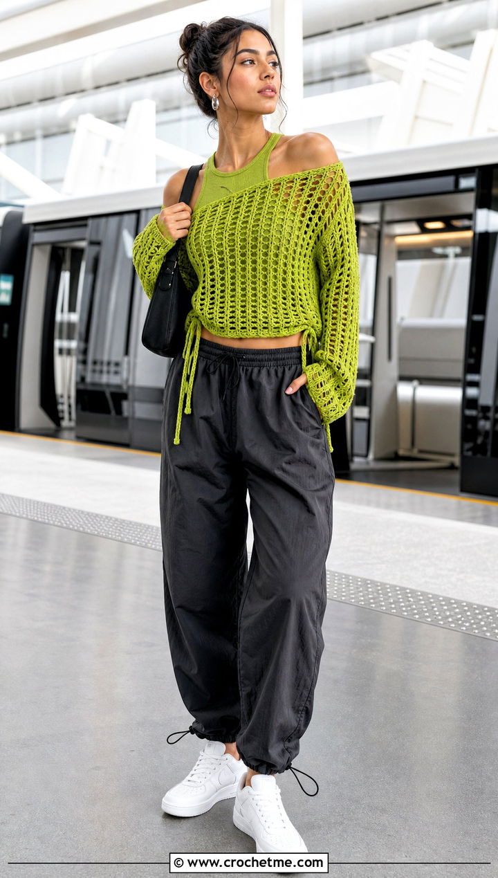 Drawstring Off Shoulder Crochet Top With Parachute Pants - 30 Off Shoulder Crochet Top outfit ideas