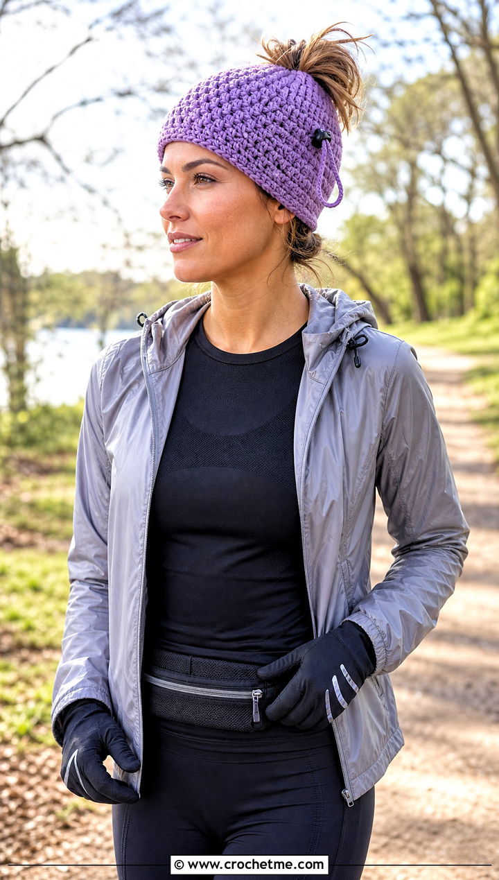 Drawstring Ponytail Messy Bun Crochet Hat With Running Jacket - 25 Messy Bun Crochet Hat outfit ideas