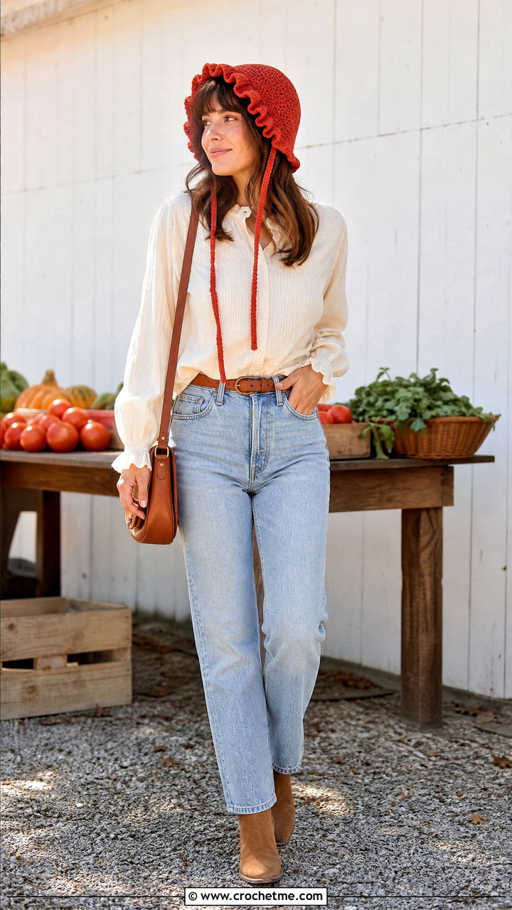 Drawstring Ruffle Bonnet Hat With Prairie Blouse And Jeans - 35 crochet ruffle hat outfit ideas