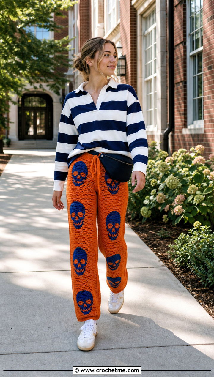 Drawstring Skull Crochet Pants With Rugby Shirt - 15 Skull Crochet Pants outfit ideas