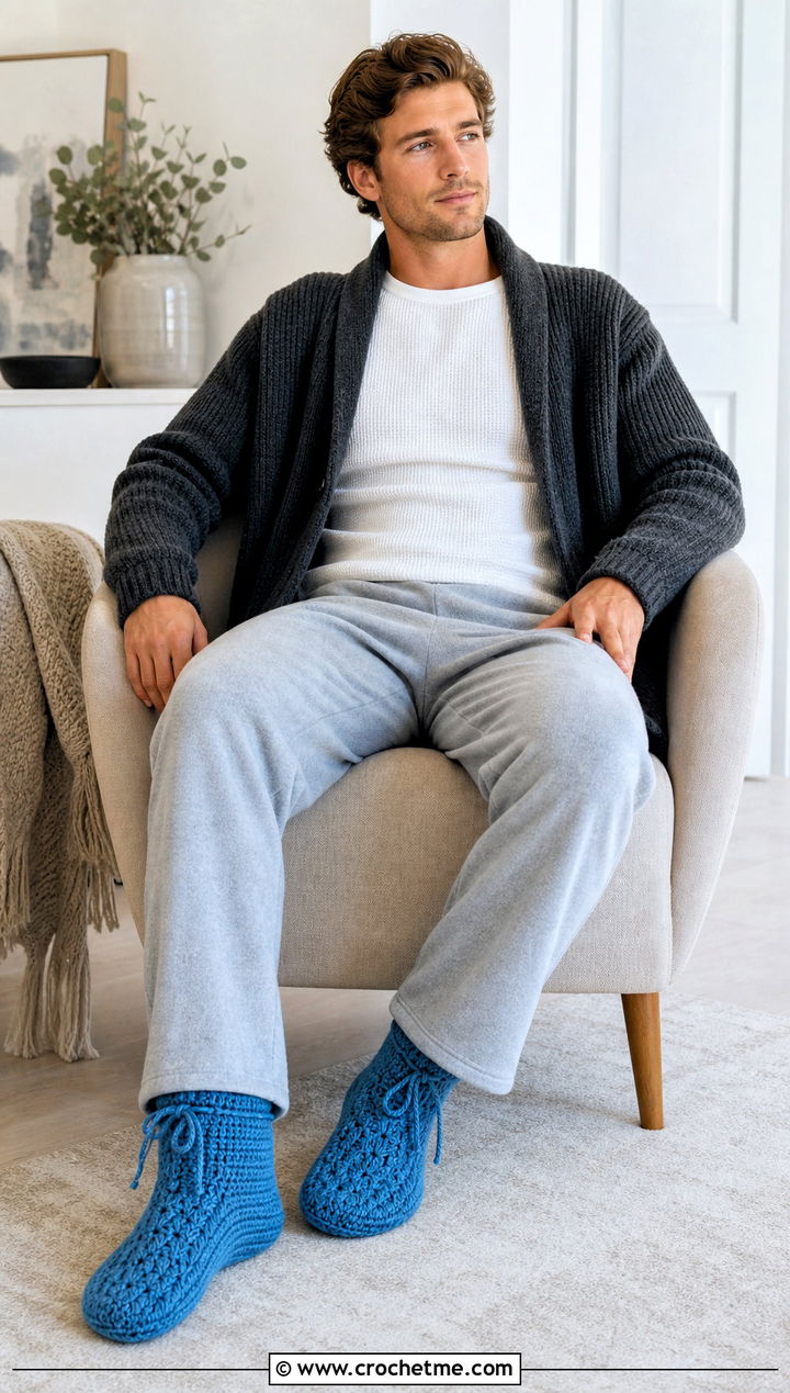 Drawstring Slipper Crochet Socks With Pajama Trousers - 25 Mens Crochet Socks outfit ideas