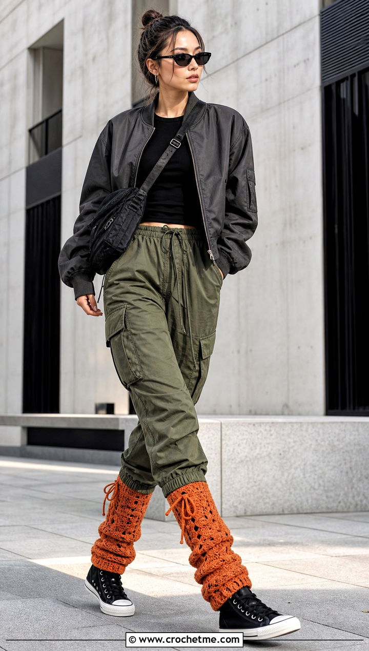 Drawstring Slouchy Crochet Leg Warmers With Cargo Pants - 25 Slouchy Crochet Leg Warmers outfit ideas