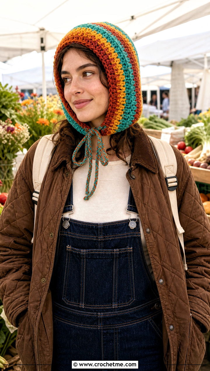 Drawstring Striped Crochet Balaclava With Workwear Overalls - 15 Striped Crochet Balaclava outfit ideas