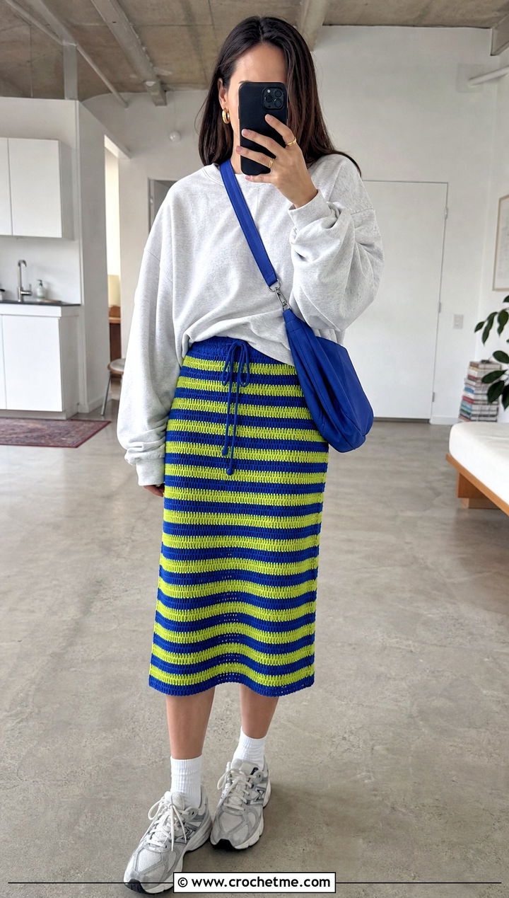 Drawstring Striped Crochet Skirt With Sweatshirt - 25 striped crochet skirt outfit ideas