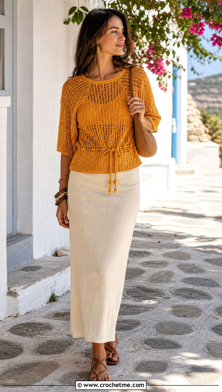 Drawstring Waist Crochet Raglan Top With Maxi Skirt - 30 crochet raglan top outfit ideas