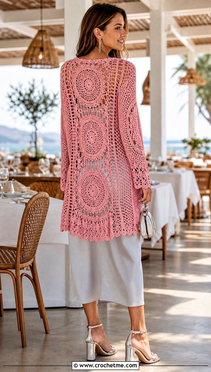 Dreamcatcher Circle Crochet Cardigan With Slip Dress - 25 circle crochet cardigan outfit ideas