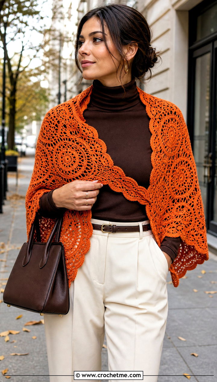 Dreydel Wheel Shawl With Turtleneck And Pleated Pants - 15 sophie digard crochet shawl outfit ideas