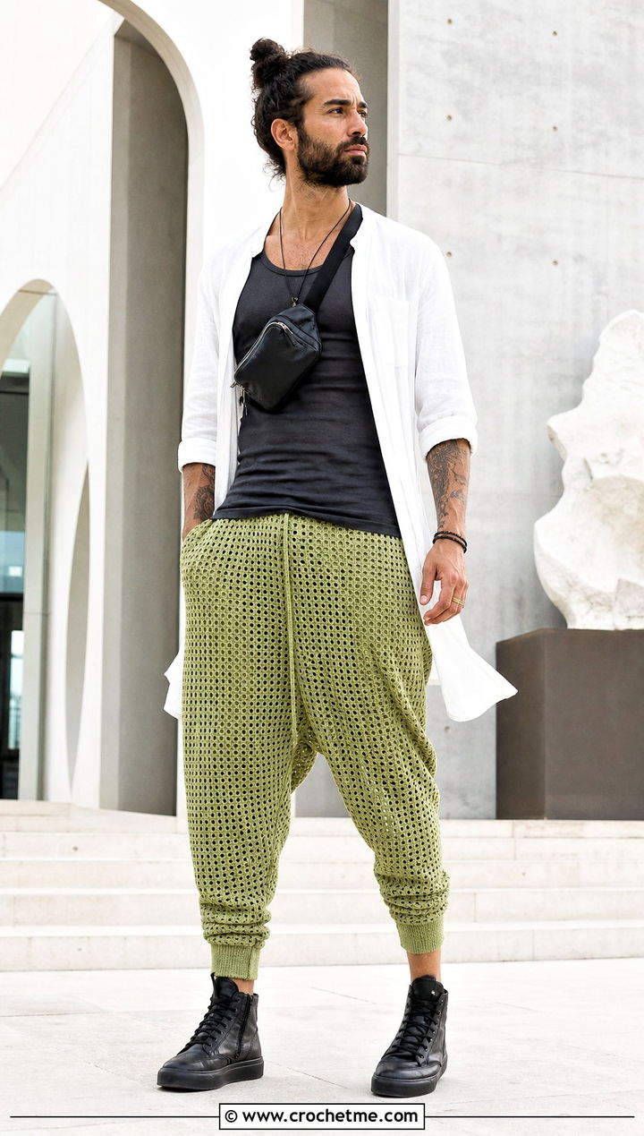 Drop Crotch Crochet Pants With Longline Shirt - 35 crochet pants men outfit ideas