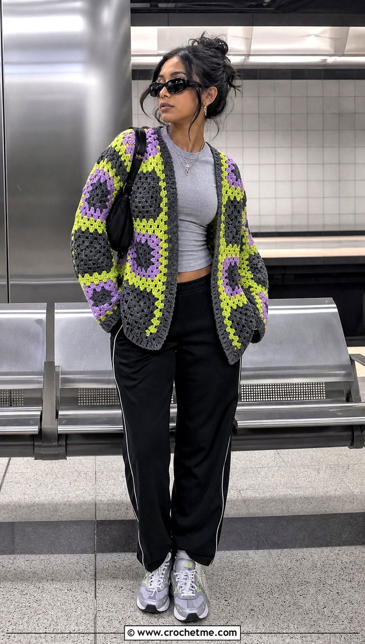 Drop Shoulder African Flower Crochet Cardigan With Track Pants - 30 african flower crochet cardigan outfit ideas