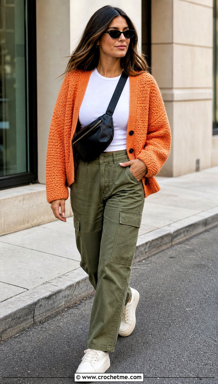 Drop Shoulder Alpine Stitch Crochet Cardigan With Cargo Pants - 25 Alpine Stitch Crochet Cardigan outfit ideas