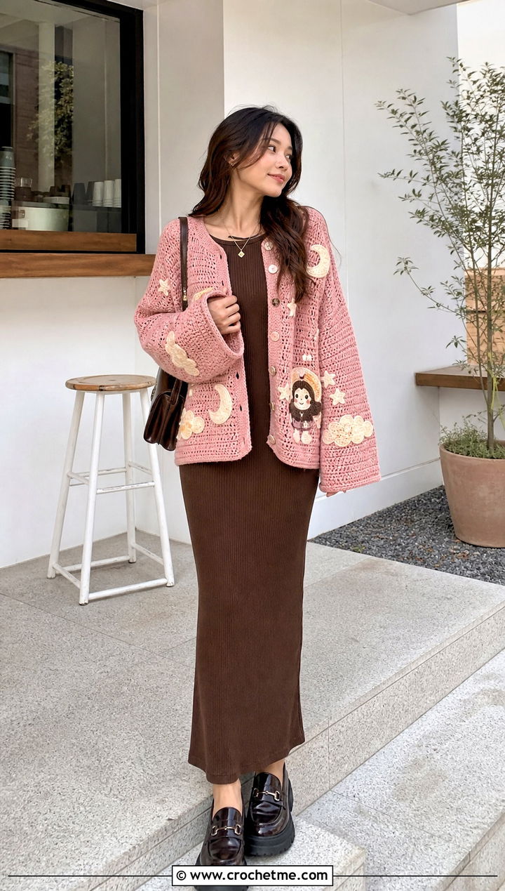 Drop Shoulder Anime Crochet Cardigan With Column Dress - 30 anime crochet cardigan outfit ideas